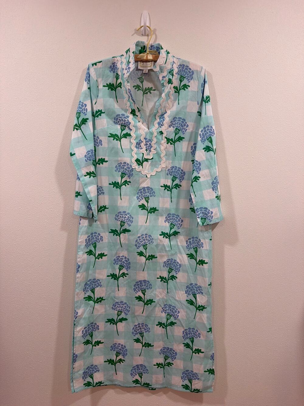 SAIL TO SABLE Long Sleeve Cotton Blue Gingham Floral Print Midi Dress